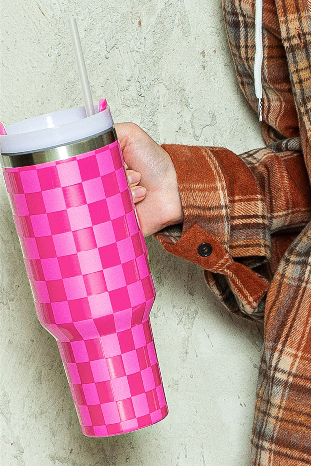 Pink Checkered Print Handled Stainless Steel Tumbler Cup