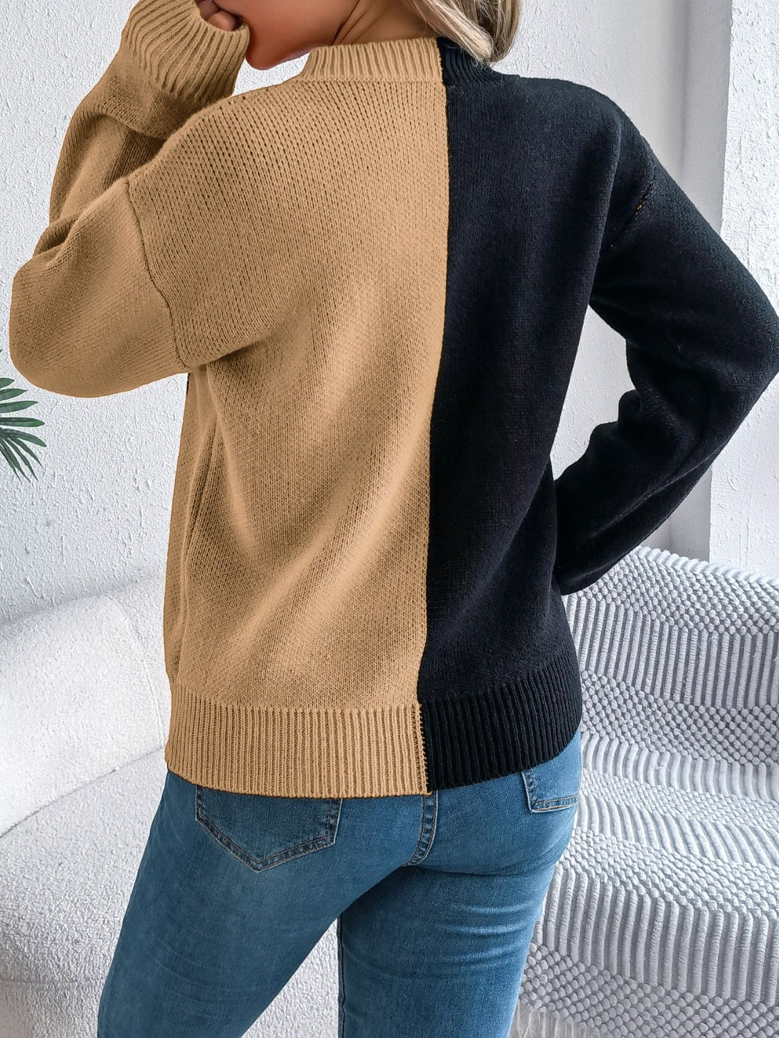 Contrast Round Neck Long Sleeve Sweater