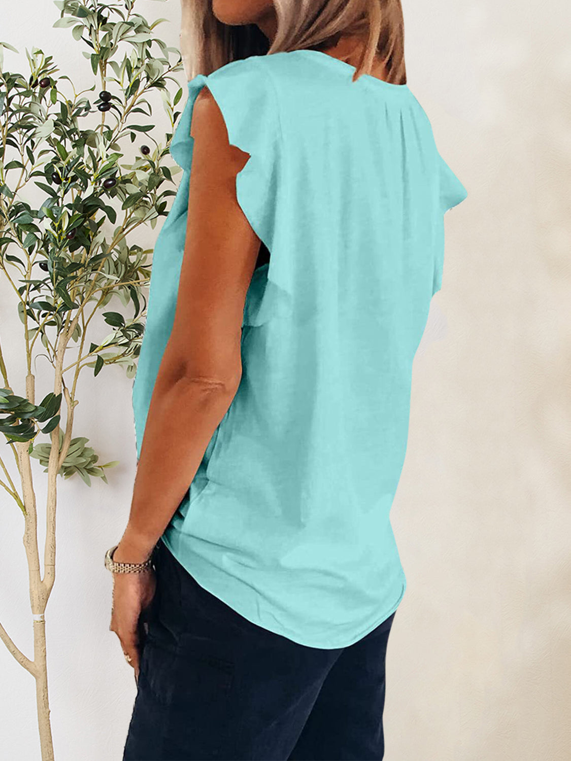 Ruffled Notched Cap Sleeve T-Shirt