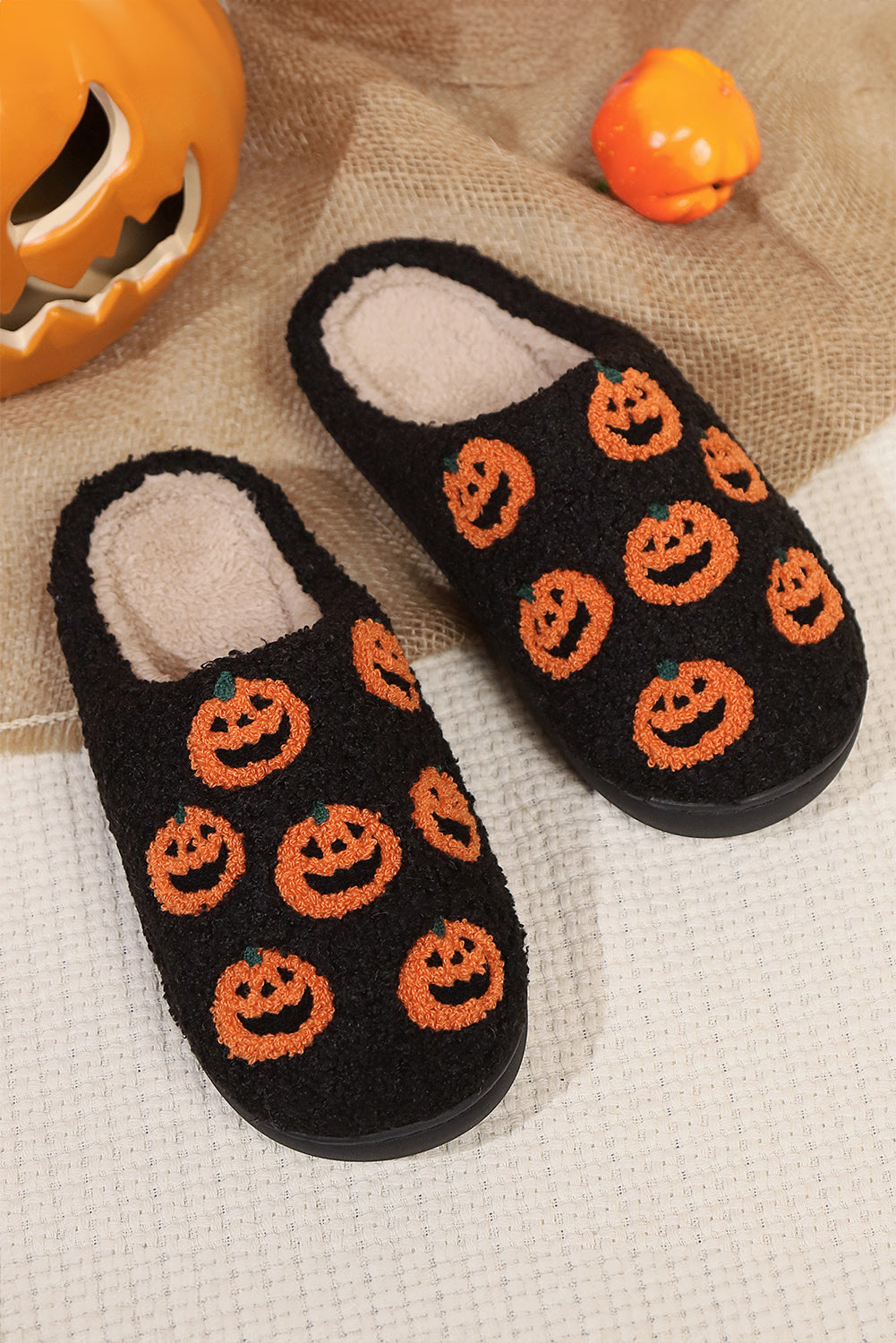 Black Halloween Pumpkin Plush Home Slippers