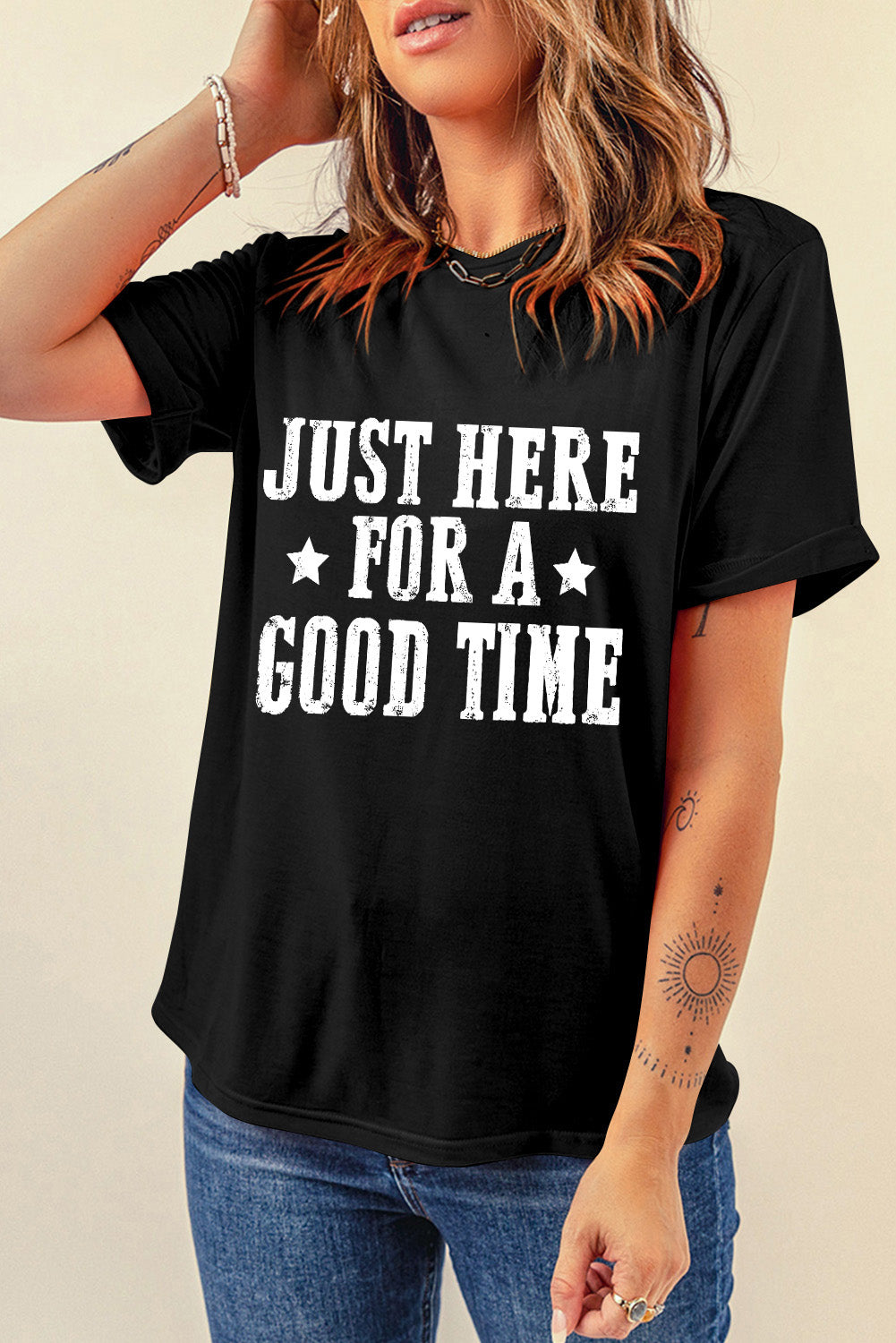 Black Just Here For A Good Time Graphic Crew Neck T Shirt