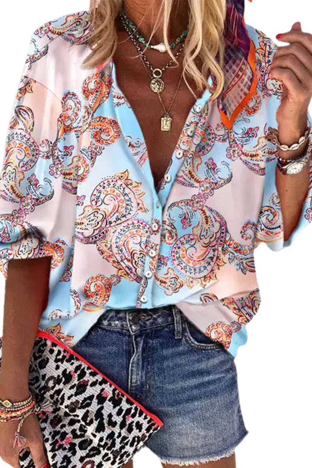 Sky Blue Boho Paisley Print Lantern Sleeve Button-Down Blouse