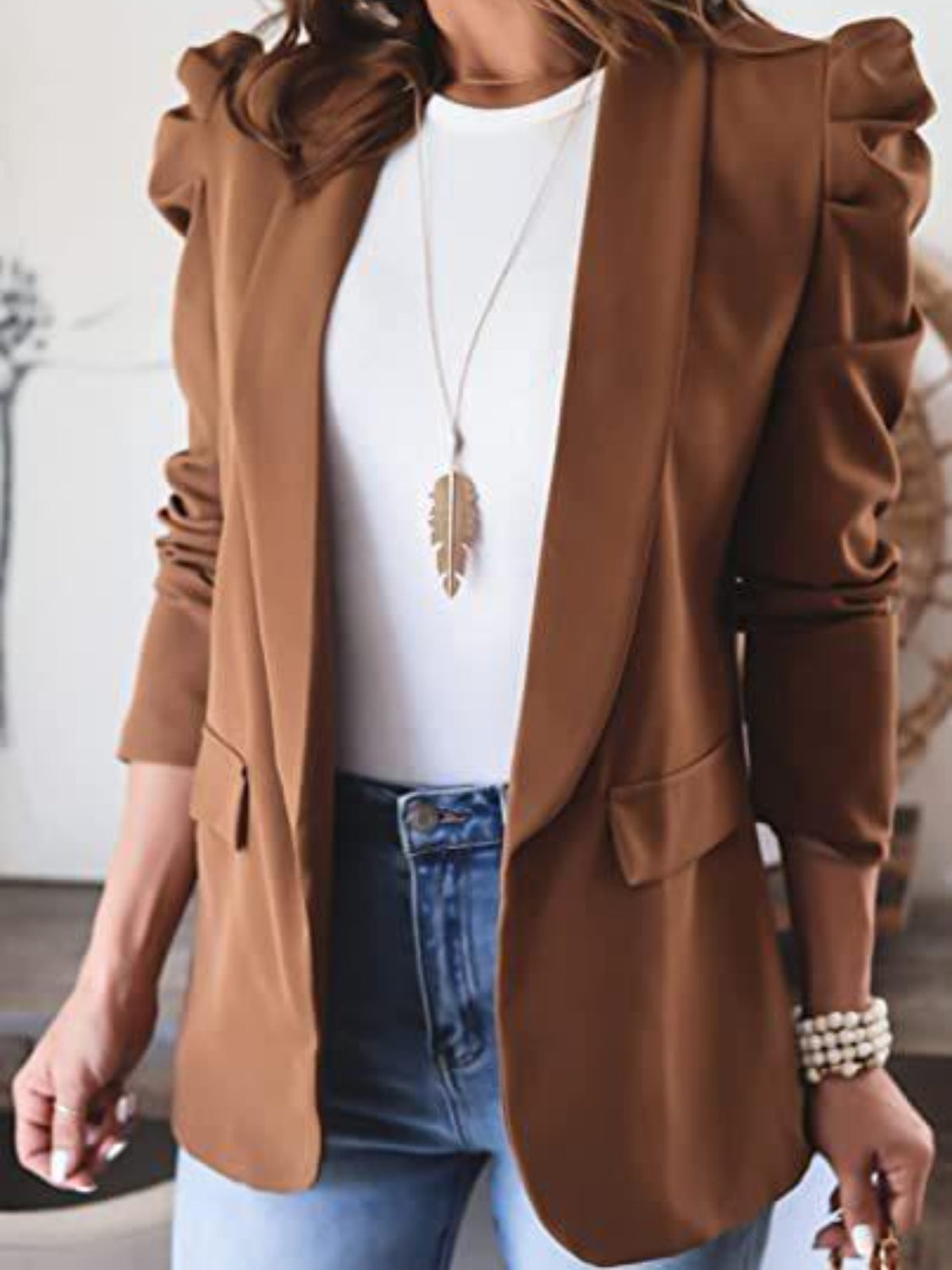 Collared Neck Puff Sleeve Blazer