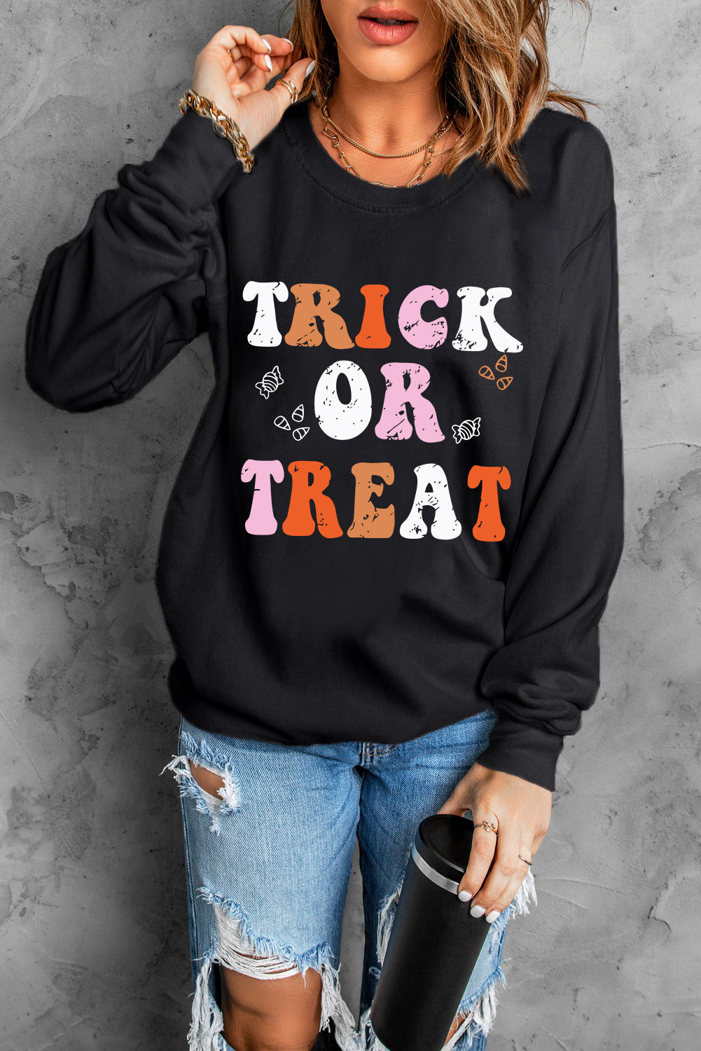 Letter Graphic Round Neck Long Sleeve Sweatshirt