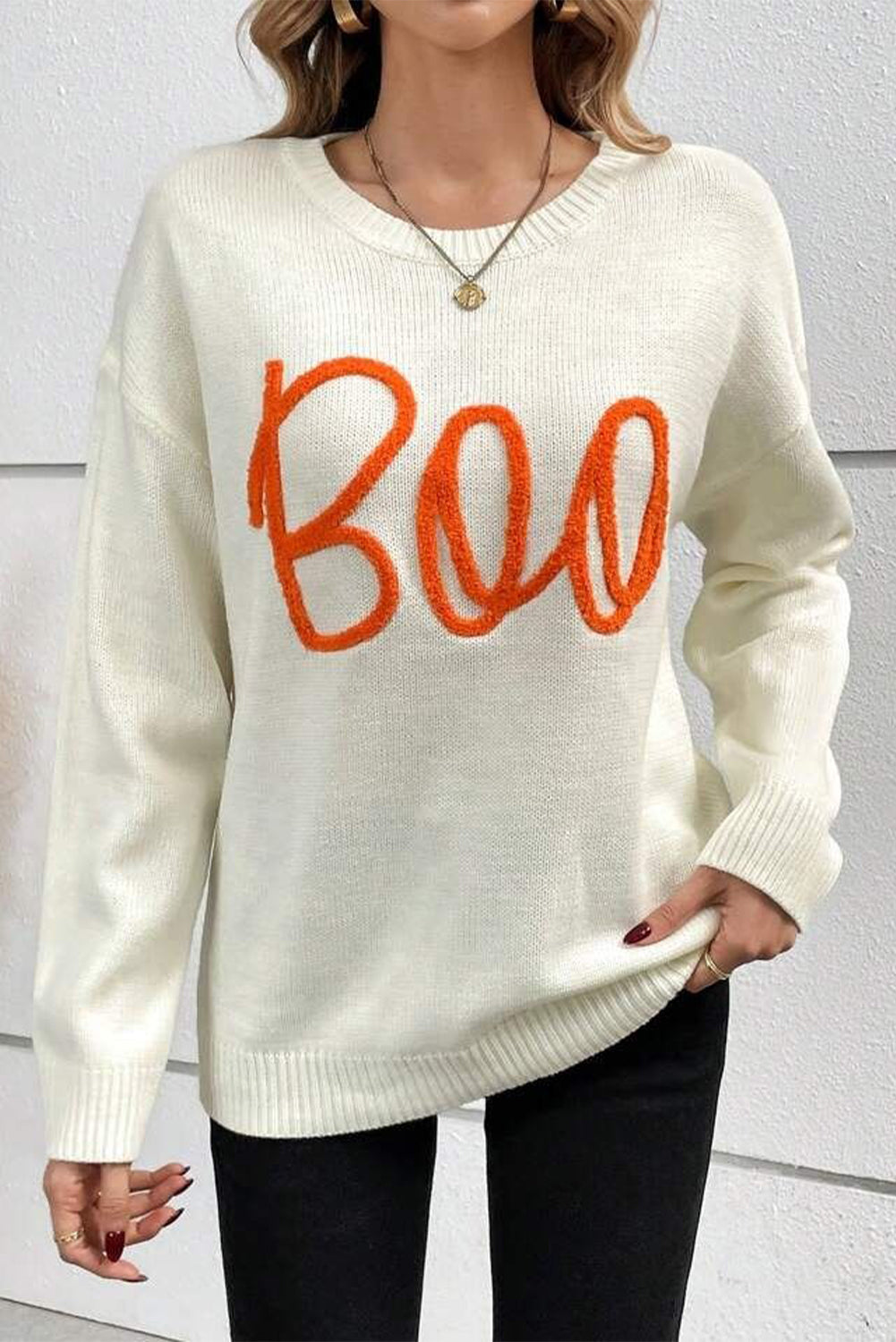 Black Halloween Boo Drop Shoulder Knit Sweater