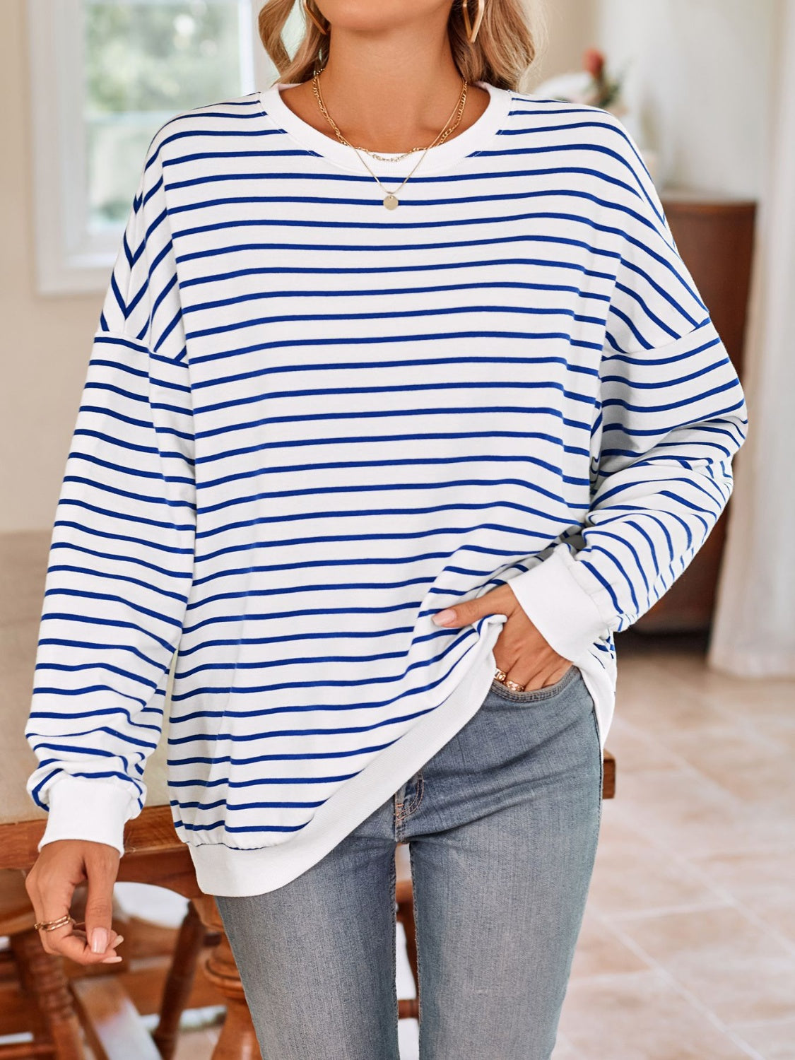 Striped Round Neck Long Sleeve Sweatshirt