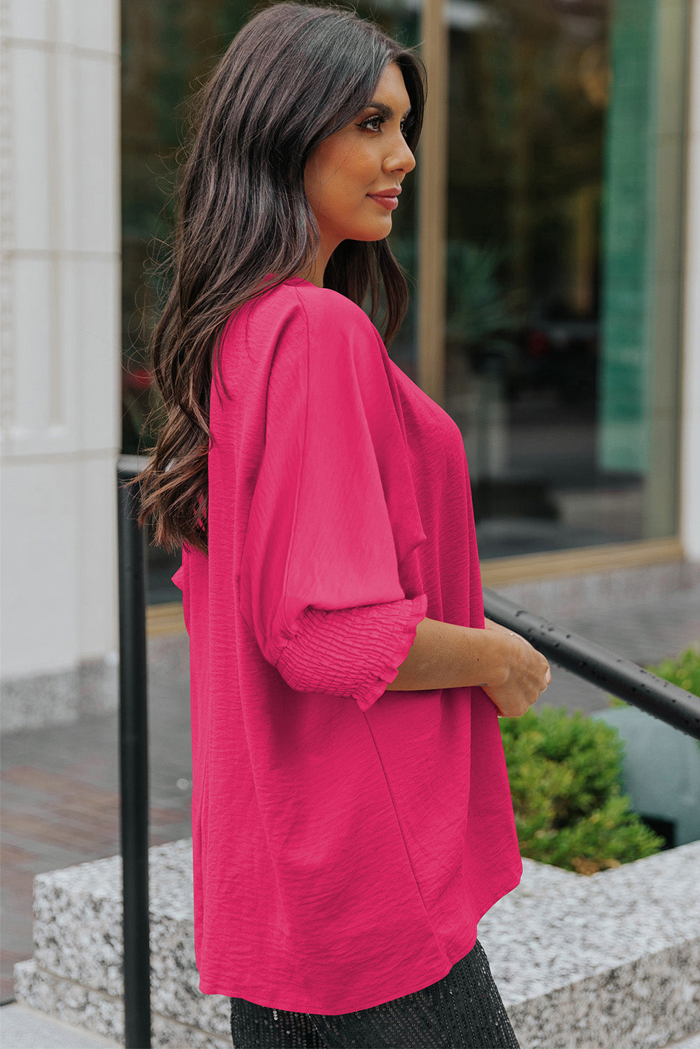 Pink Casual Shirred Cuffs Half Sleeve Blouse