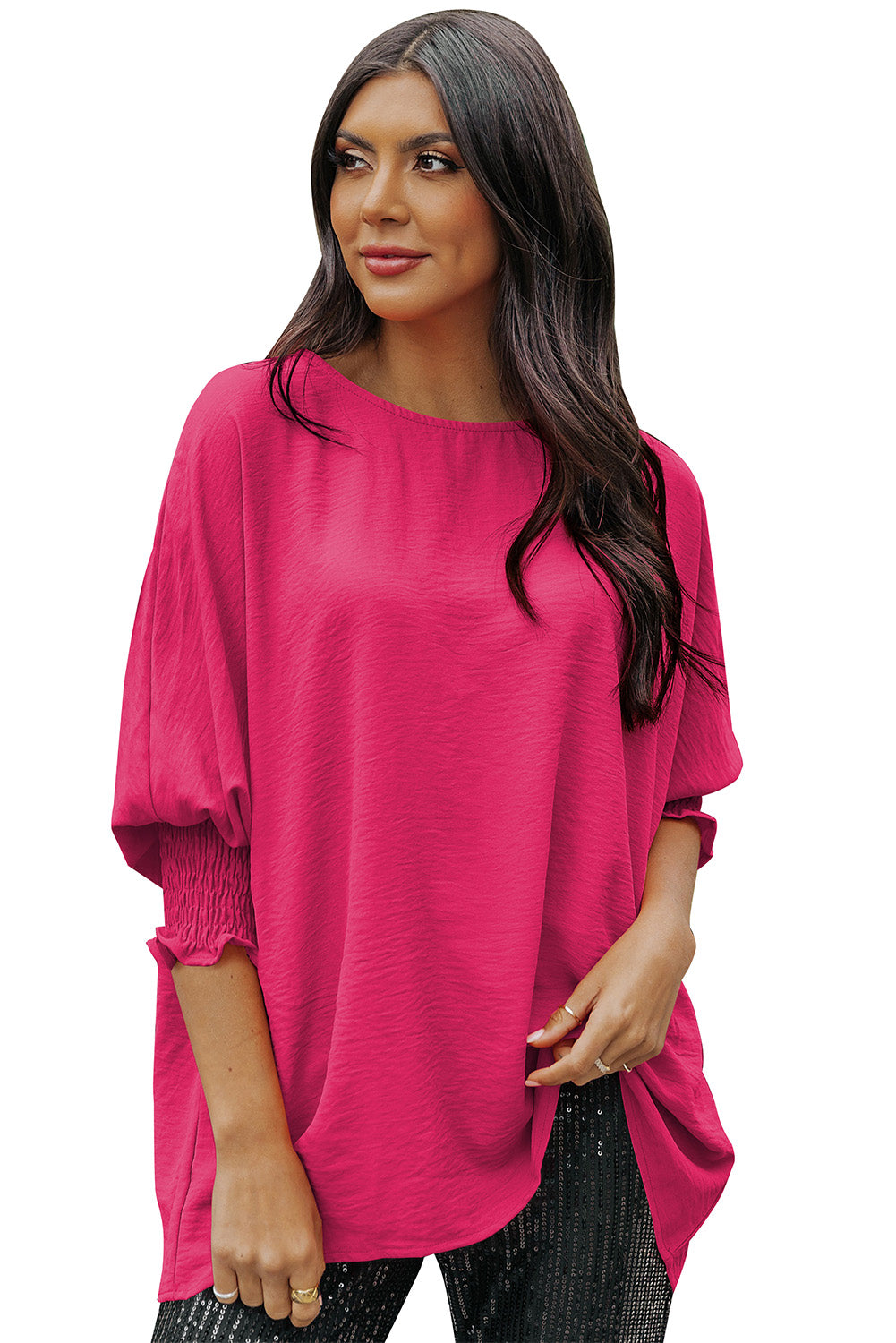 Pink Casual Shirred Cuffs Half Sleeve Blouse