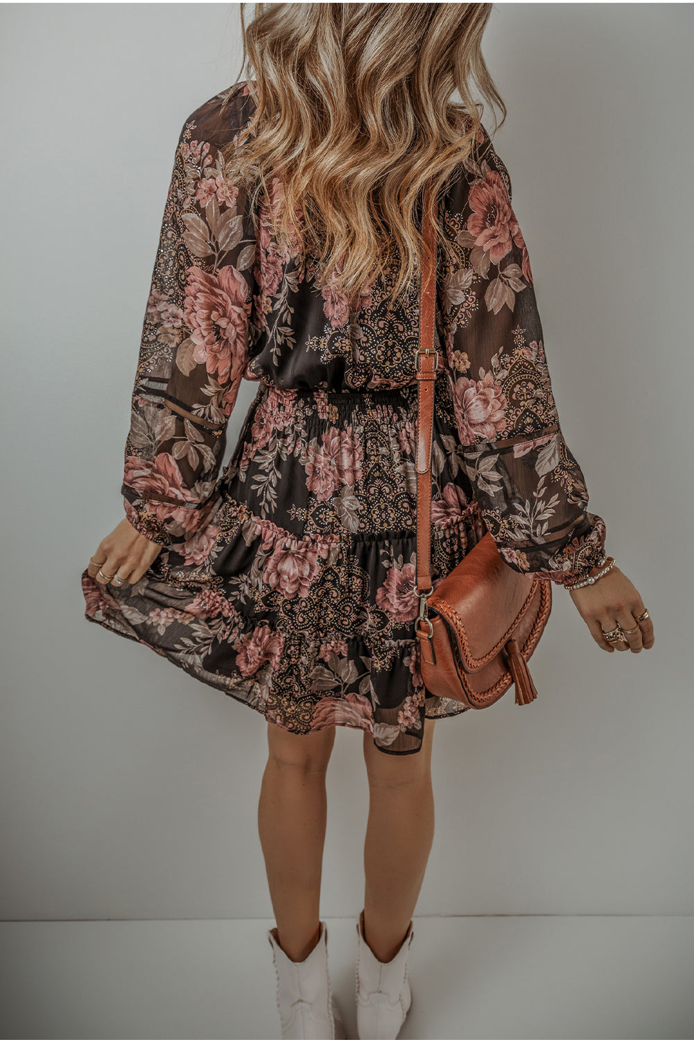 Black Floral Puff Sleeve V Neck Smocked Waist Mini Dress