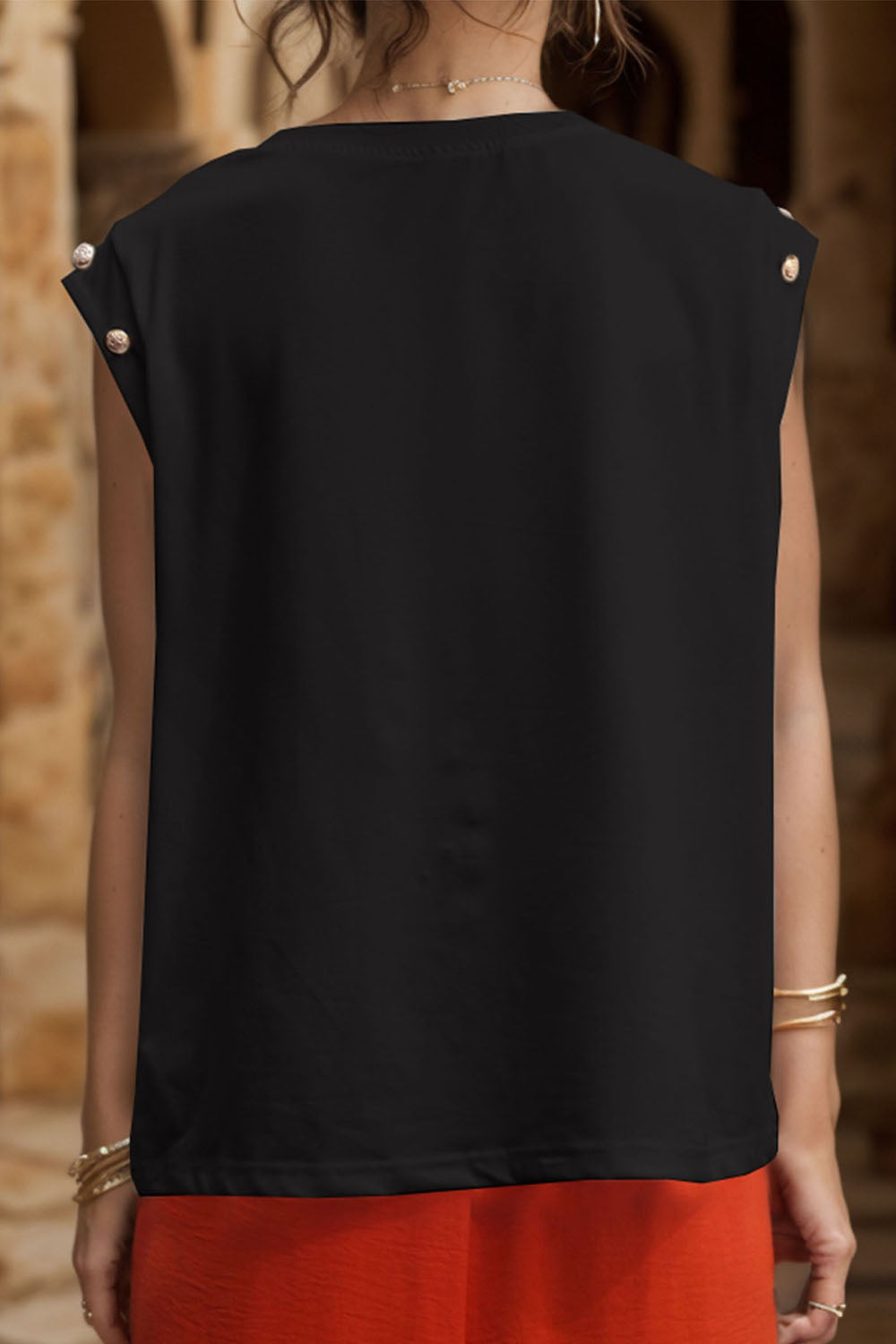 Decorative Button Round Neck T-Shirt