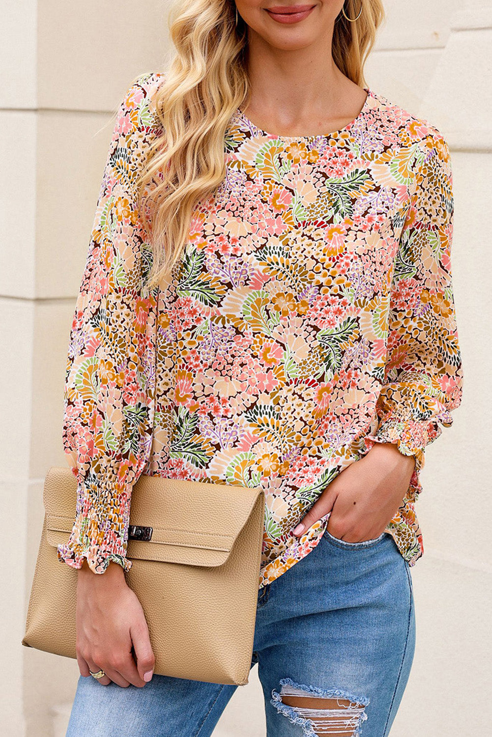 Yellow Floral Print Smocked Cuffs Long Sleeve Blouse