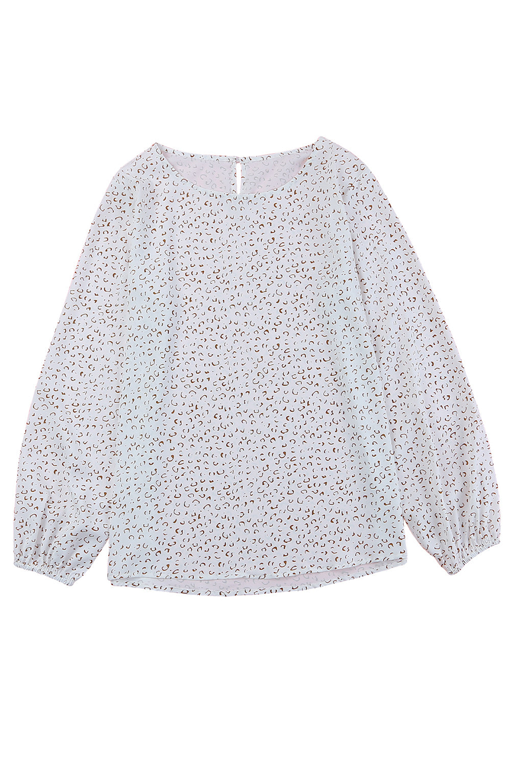 White Cheetah Print Lantern Sleeve Crew Neck Blouse