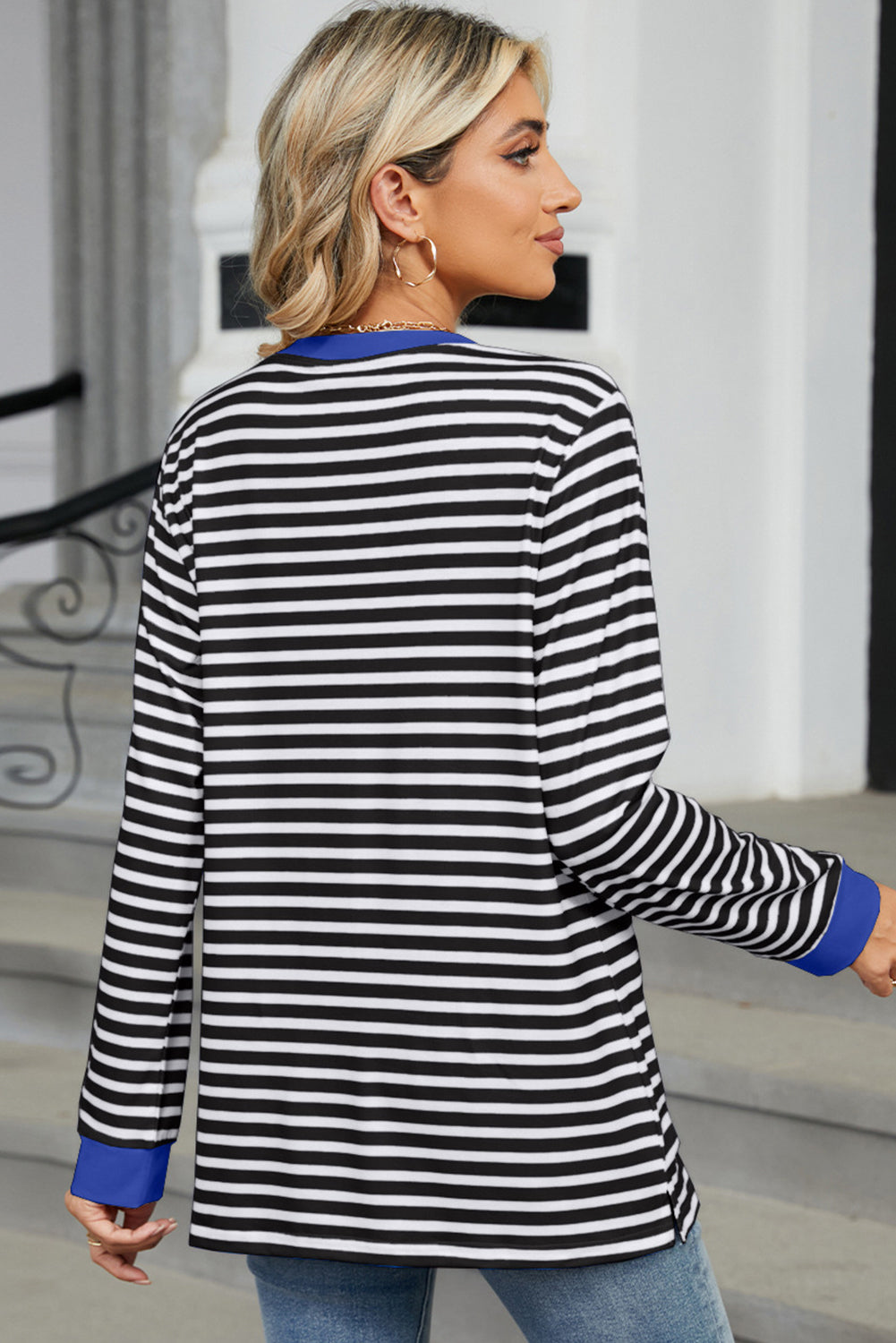 Black Striped Contrast Edge Loose Pocketed Long Sleeve Top