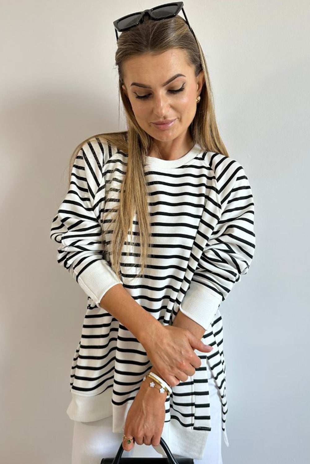 Black Stripe Raglan Sleeve Loose Split Sweatshirt