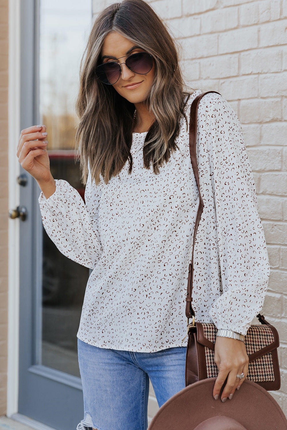 White Cheetah Print Lantern Sleeve Crew Neck Blouse