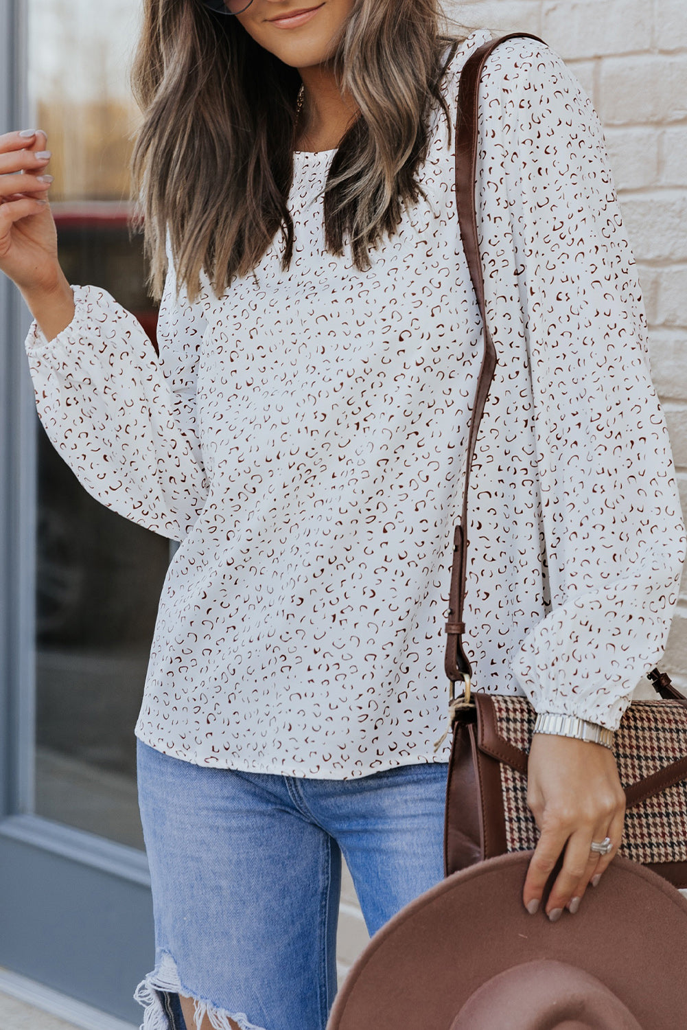 White Cheetah Print Lantern Sleeve Crew Neck Blouse