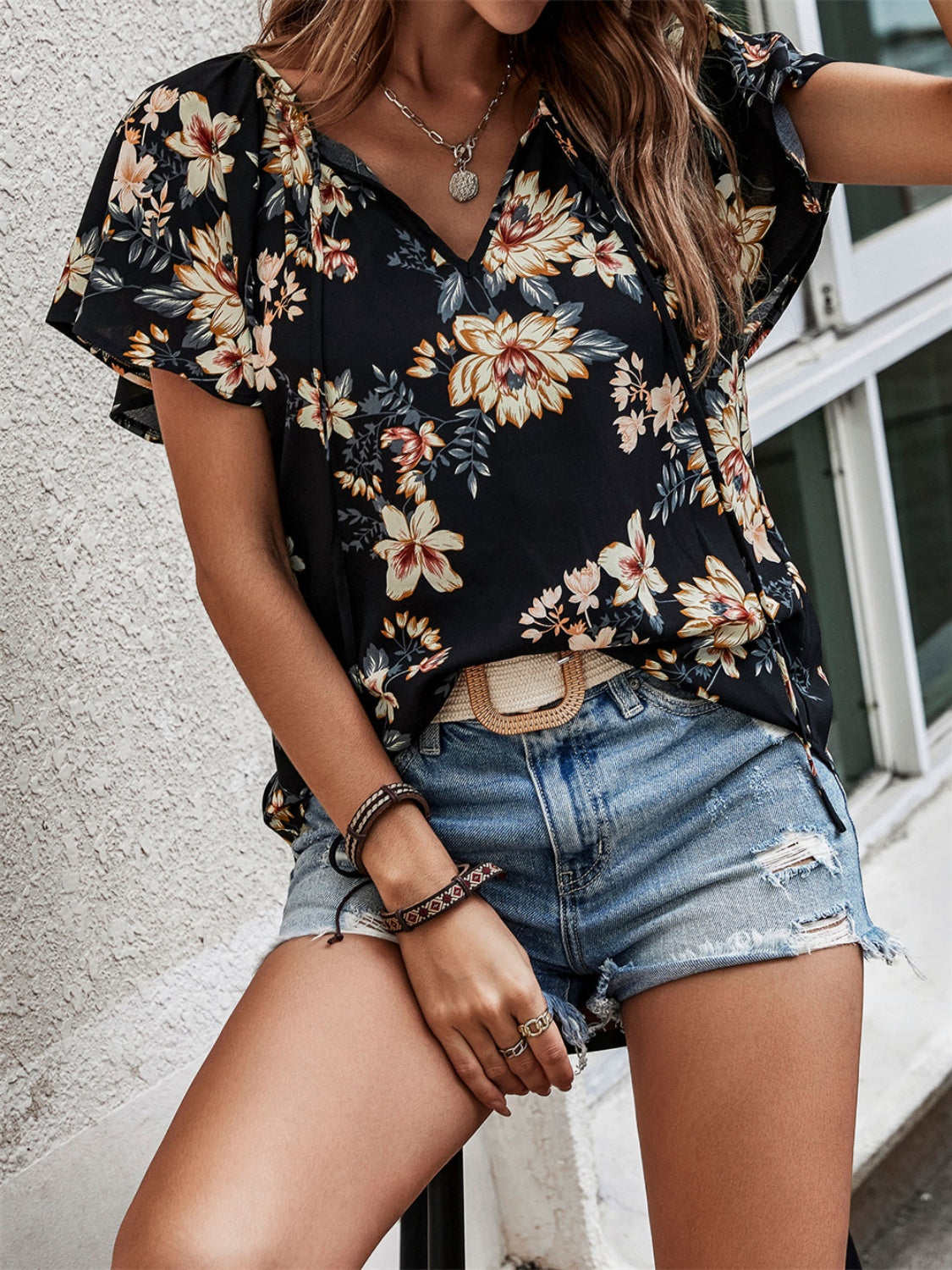 Printed Tie Neck Short Sleeve Blouse