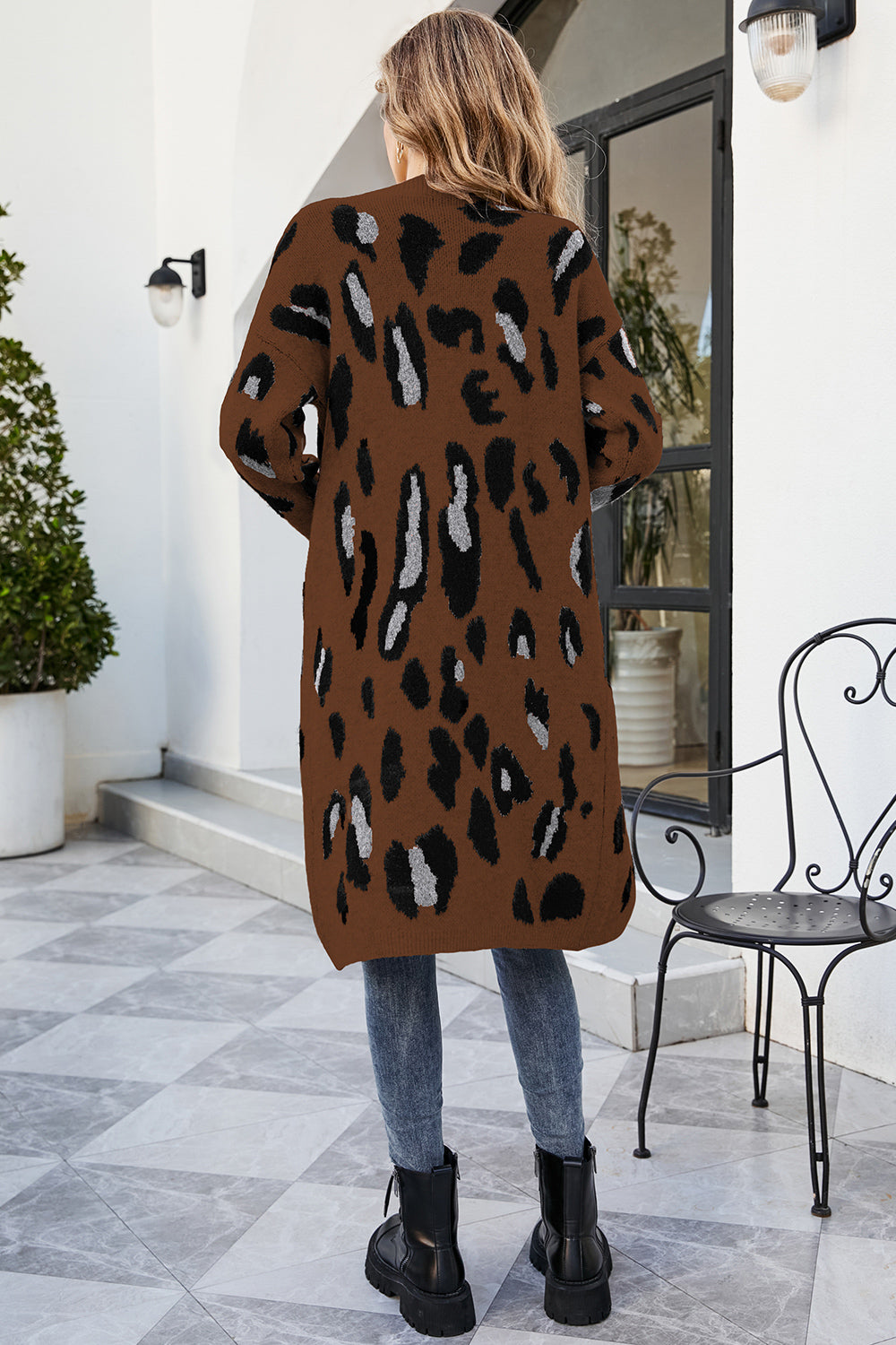 Leopard Open Front Cardigan with Pockets