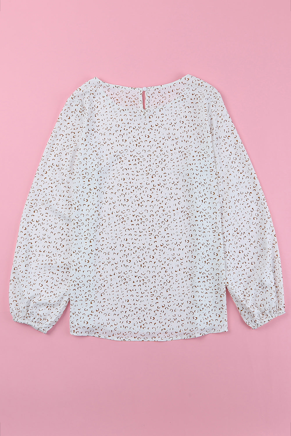 White Cheetah Print Lantern Sleeve Crew Neck Blouse