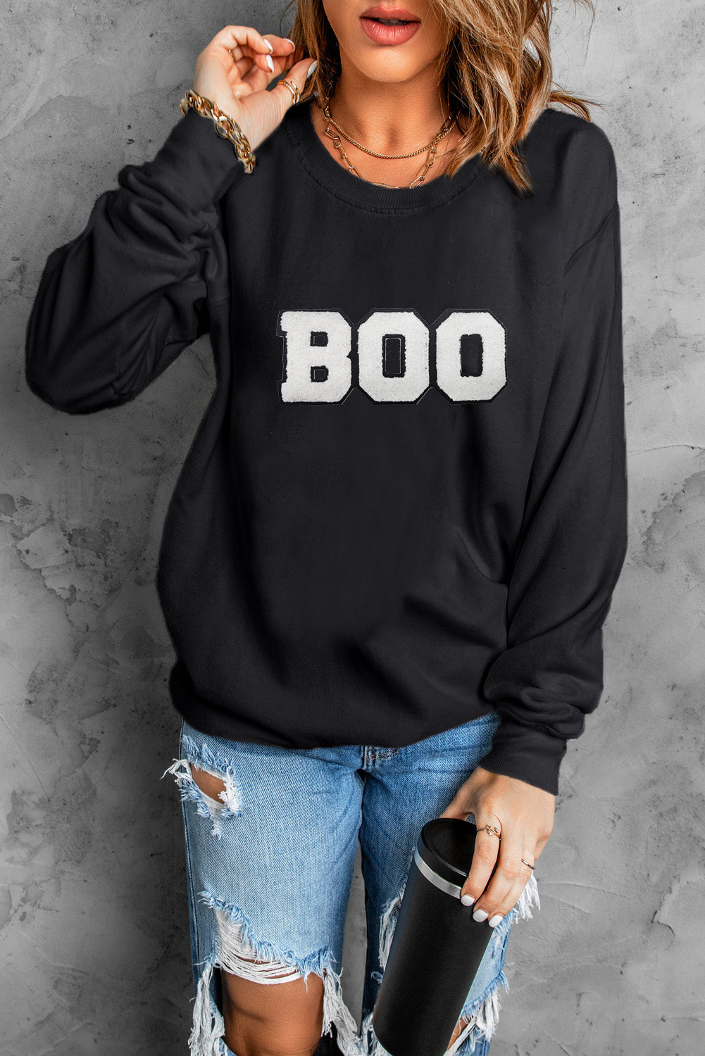 Black Chenille BOO Patched Pattern Crewneck Halloween Graphic Sweatshirt