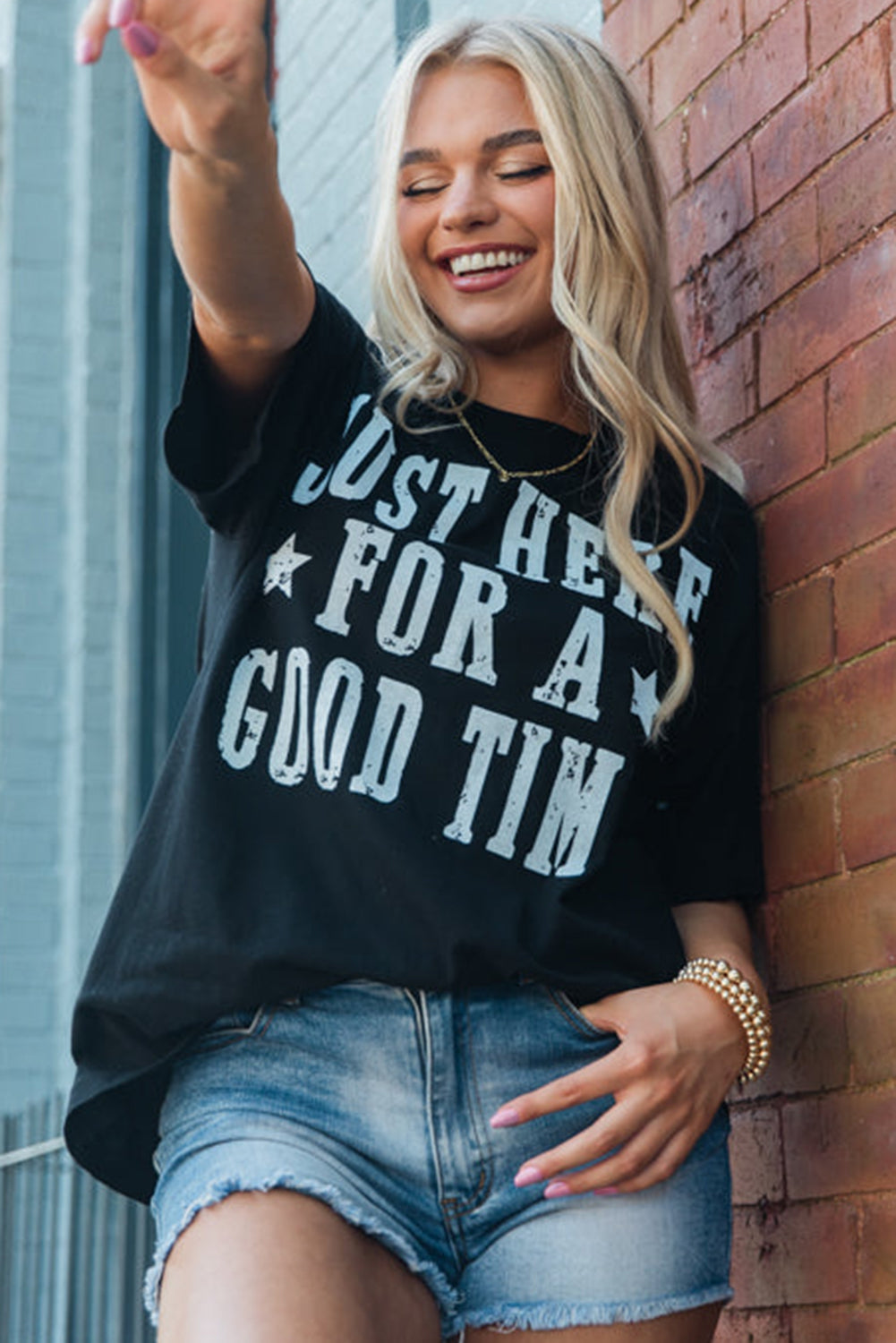 Black Just Here For A Good Time Graphic Crew Neck T Shirt