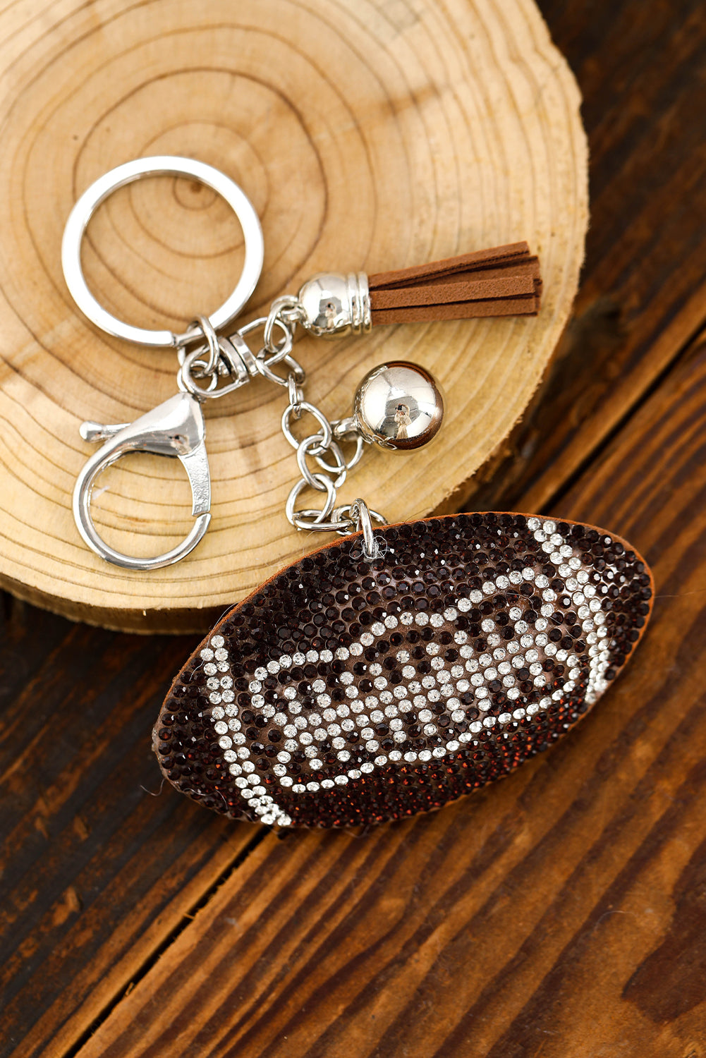 Coffee Rhinestone Rugby Pendant Tassel Key Chain