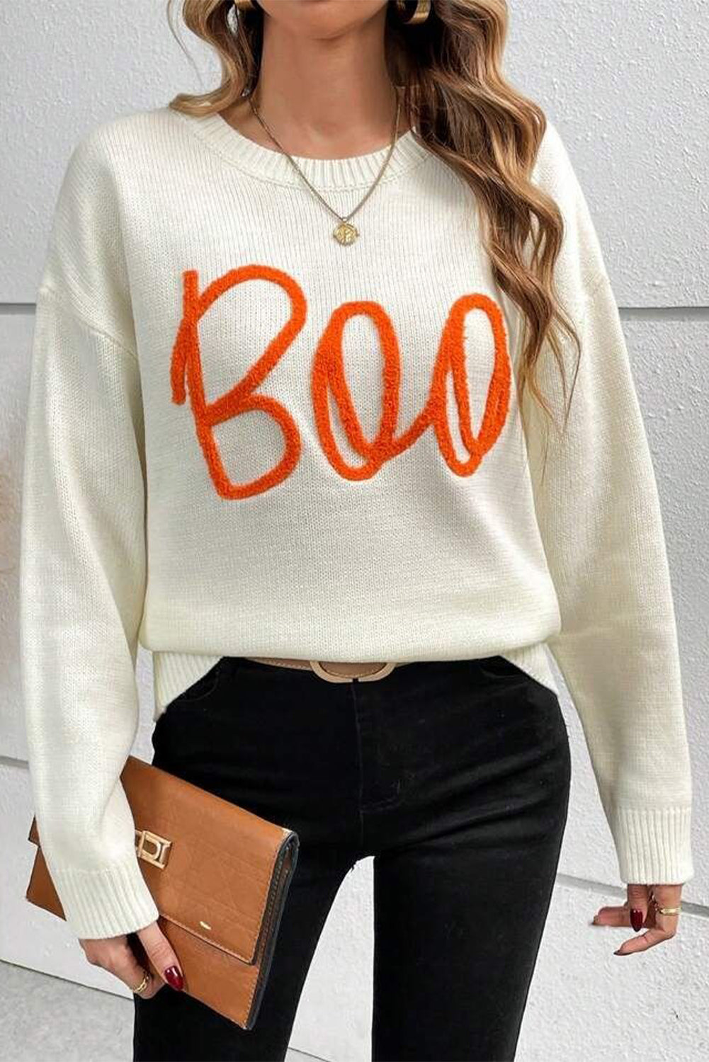 Black Halloween Boo Drop Shoulder Knit Sweater