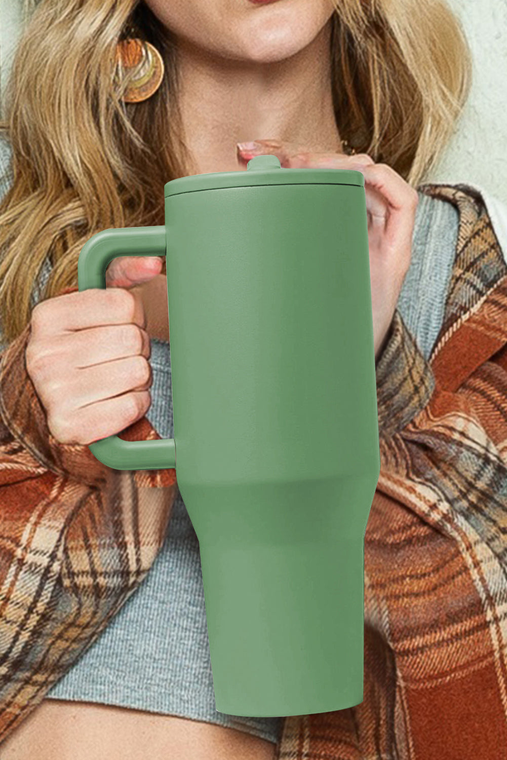 Pear Green Frosted Stainless Handle Large Vacuum Cup with Straw 1200ml