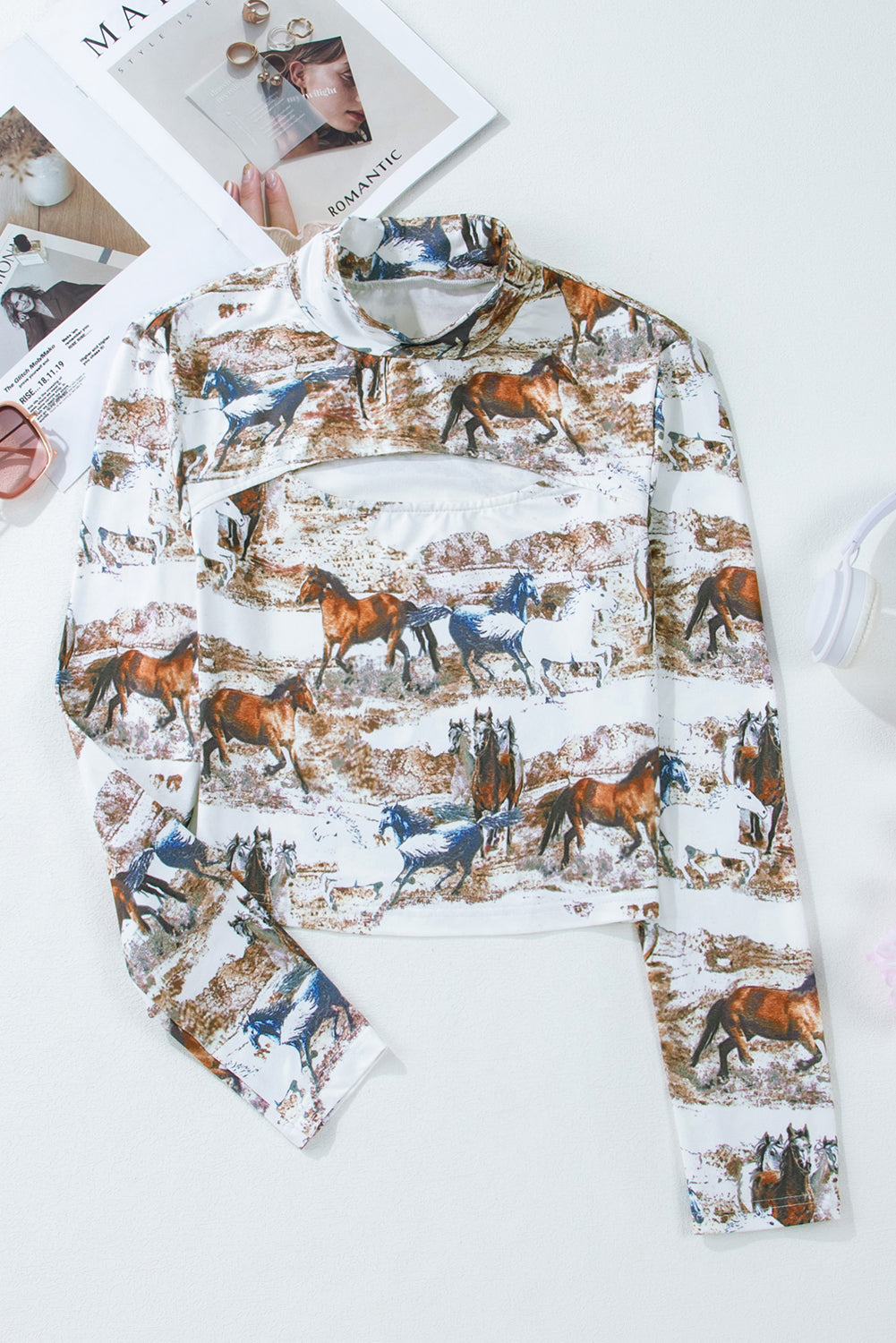 Brown Horses Print Cut-out Mock Neck Top