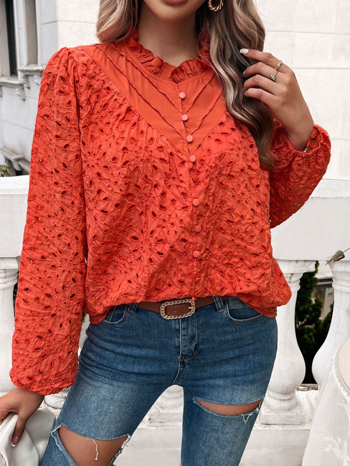 Frill Round Neck Long Sleeve Shirt